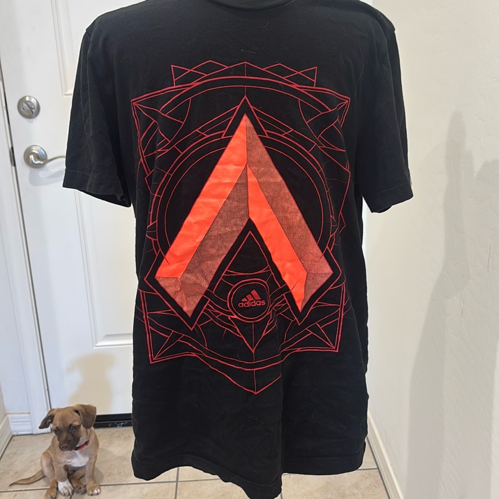 Large black adidas shirt with red graphics